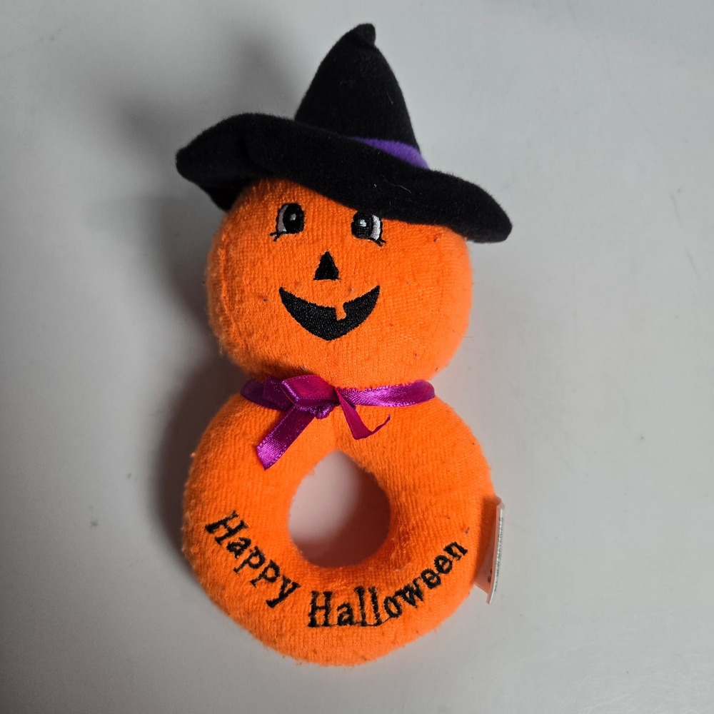 Vintage Soft Dreams Happy Halloween Jack o Lantern Pumpkin Baby Rattle Plush Toy